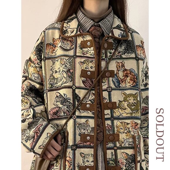 🐾 Vintage-Style Cat Tapestry Jacket – Whimsical Cottagecore Statement Piece - Picture 3 of 6